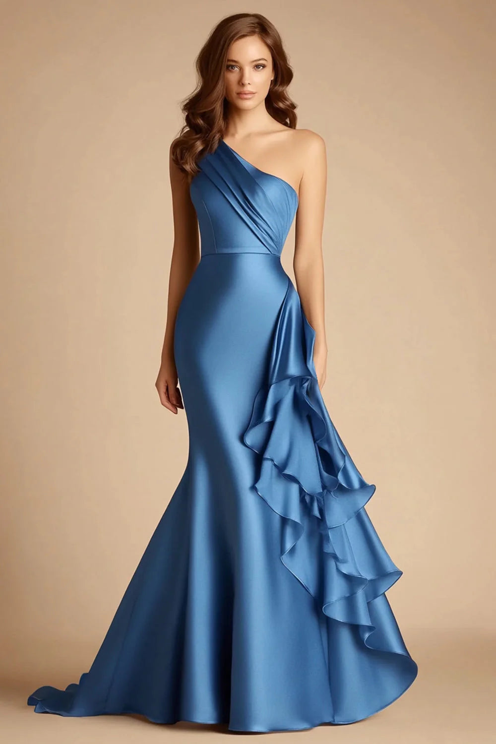 Blue Mermaid Satin Long One Shoulder Wedding Evening Dresses